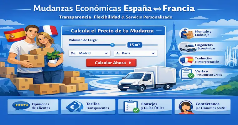 Calculadora de tarifas de mudanza Francia–España por volumen