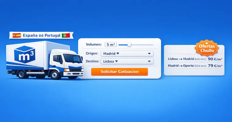 Calculadora de mudanza por volumen: camión con banderas España y Portugal, ejemplo de cálculo y tabla de precios